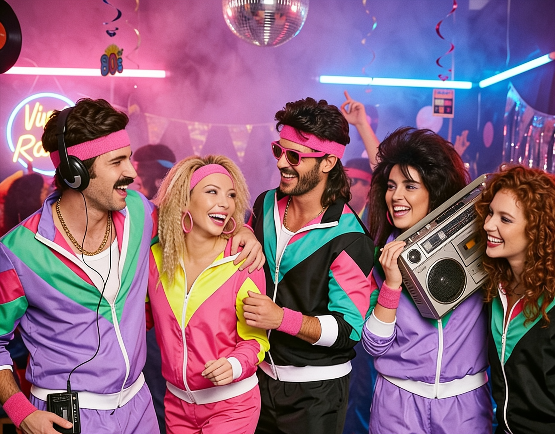 70s and 80s fancy dress costumes such as neon tracksuit outfits
