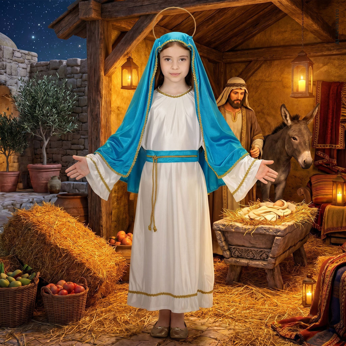 Child wearing a Mary costume with a nativity scene in the background.