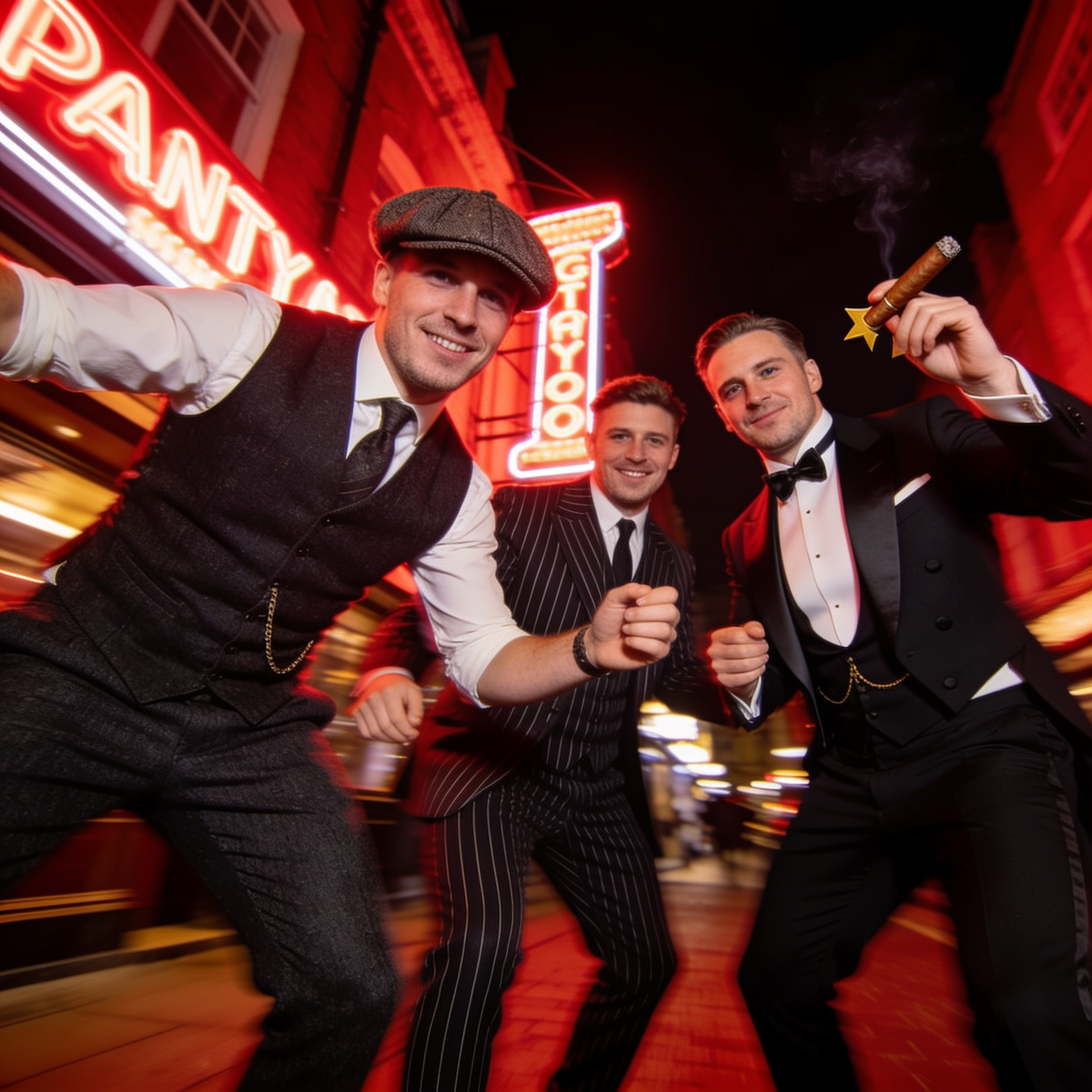 Group of men on a stag weekend wearing 1920s fancy dress costumes, featuring one man in a classic Peaky Blinders style waistcoat and flat cap, another in a 1920s gangster pinstripe suit, and a third in a dapper Great Gatsby tuxedo holding a prop cigar.