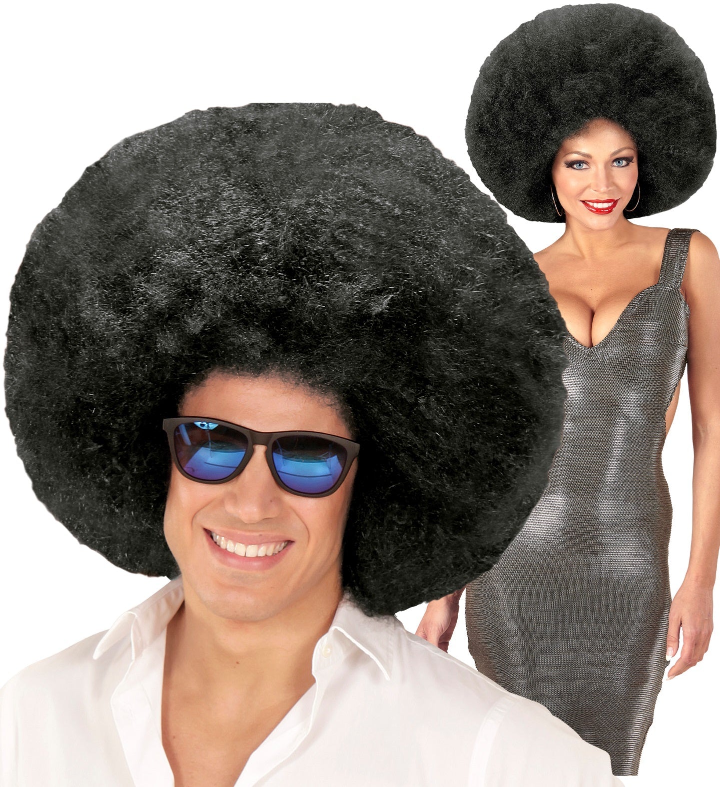 Two people wearing 1970's Afro wig costume accessories