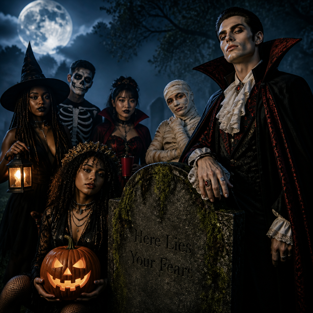 People wearing Halloween costumes against a spooky background