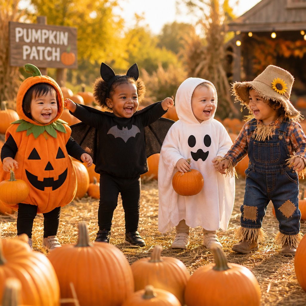 our joyful toddlers playing together in a cozy, autumnal pumpkin patch during the golden hour. The soft, warm sunlight filters through colorful fallen leaves, illuminating the soft textures of their costumes.