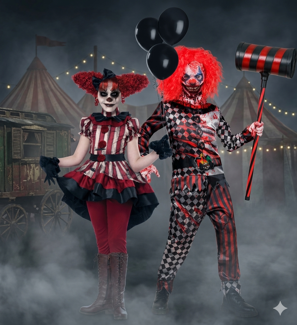 Two children posing in creepy killer clown costumes against the dark and foggy circus background.