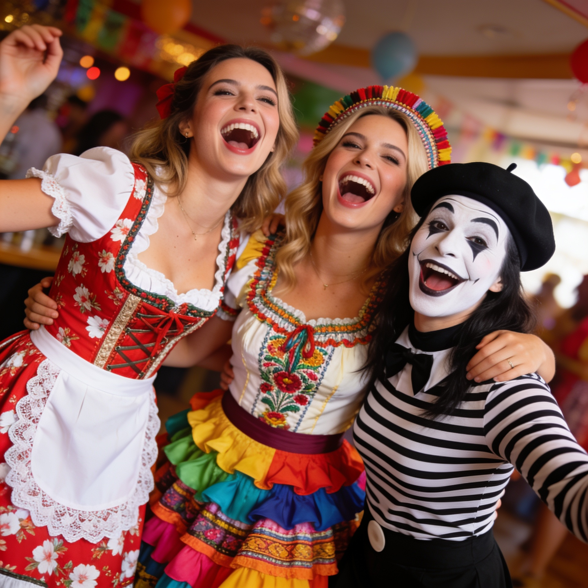 Group of women on a themed hen weekend wearing different world fancy dress costumes, featuring one woman in a traditional German Oktoberfest dirndl, another in a vibrant Mexican senorita dress, and a third in a classic striped French mime outfit.