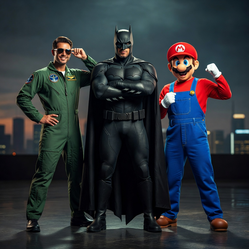 Group of men wearing famous pop culture fancy dress costumes, featuring a man in a green Top Gun pilot flight suit, a classic Super Mario outfit in blue overalls, and a dark Batman superhero suit, against a cinematic background.