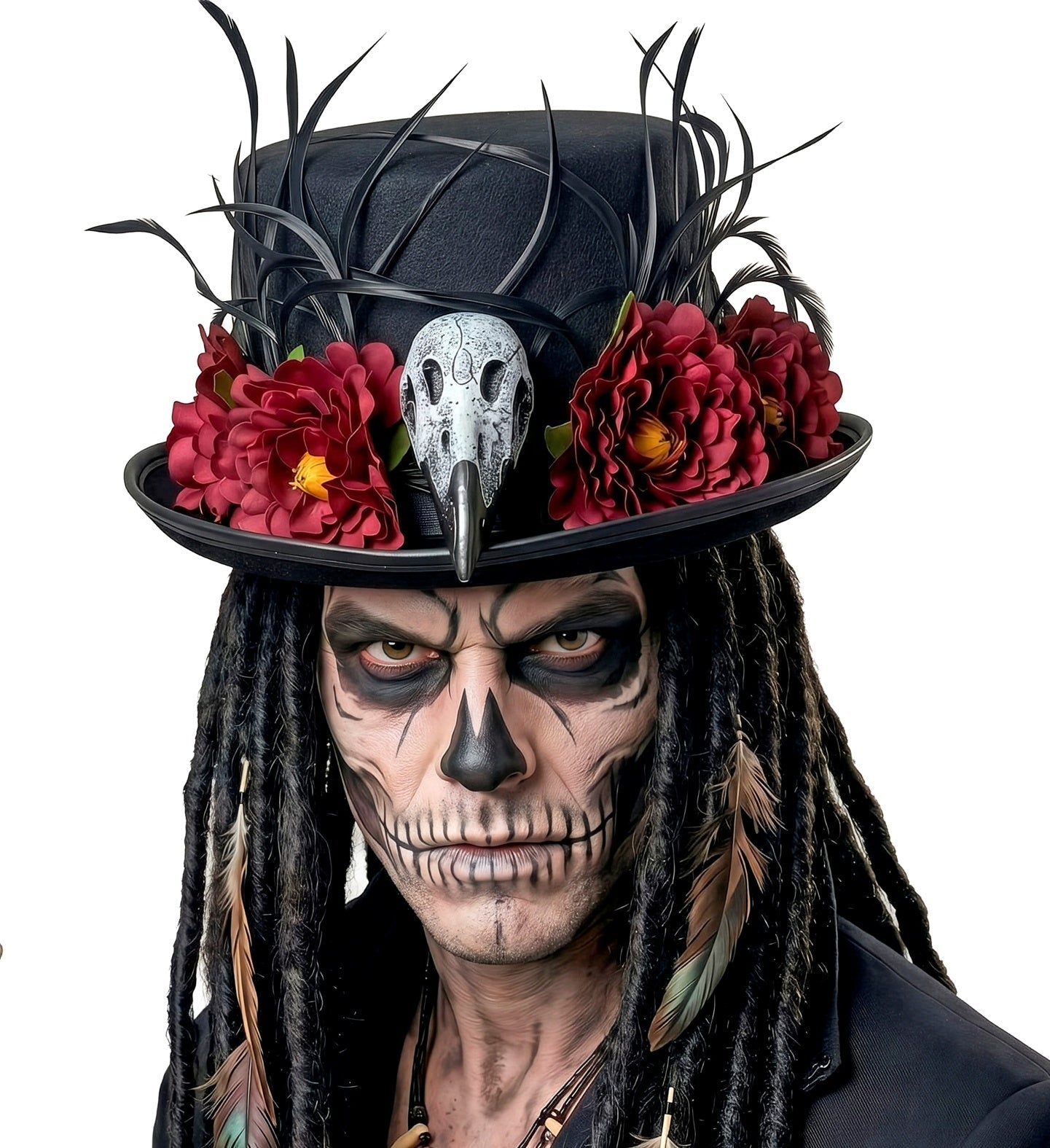 A man wearing a Voodoo themed fancy dress hat with flowers and bird skull.