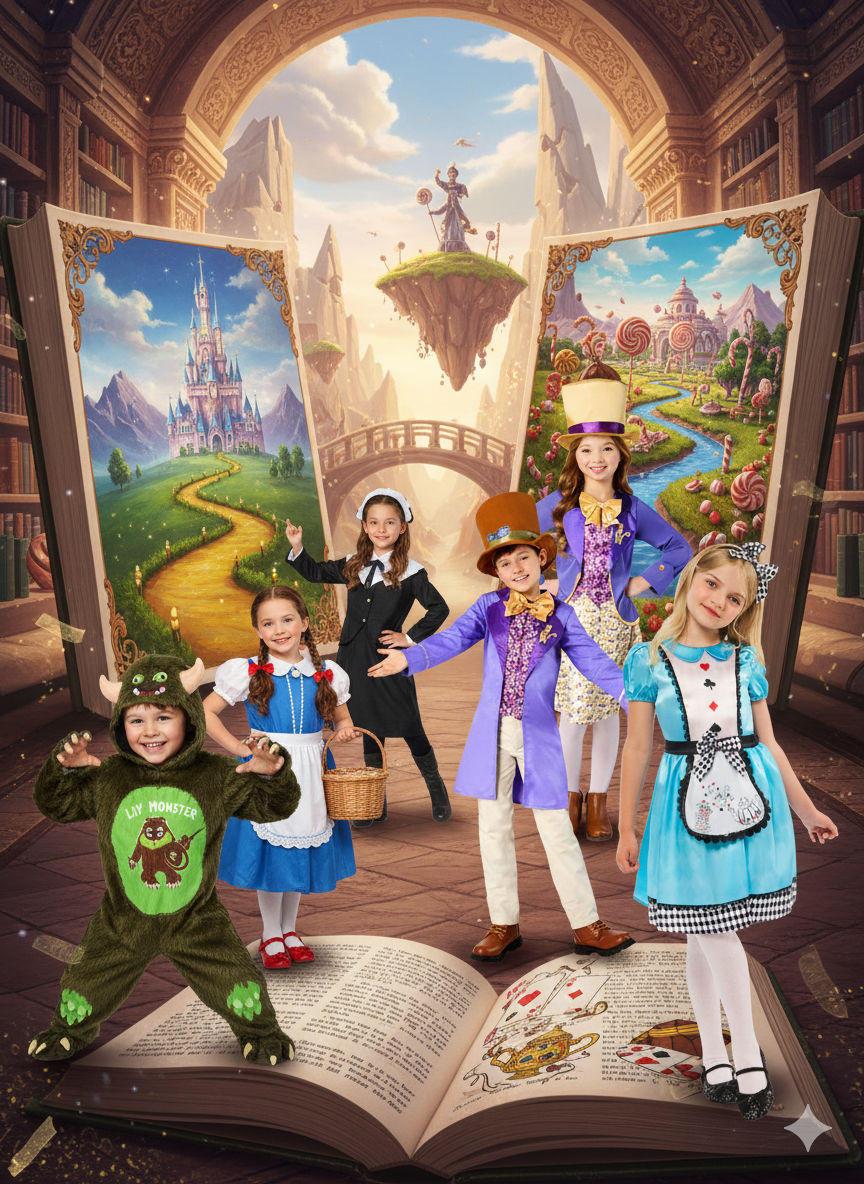 Children's in World Book Day Costumes against a fairytale book background