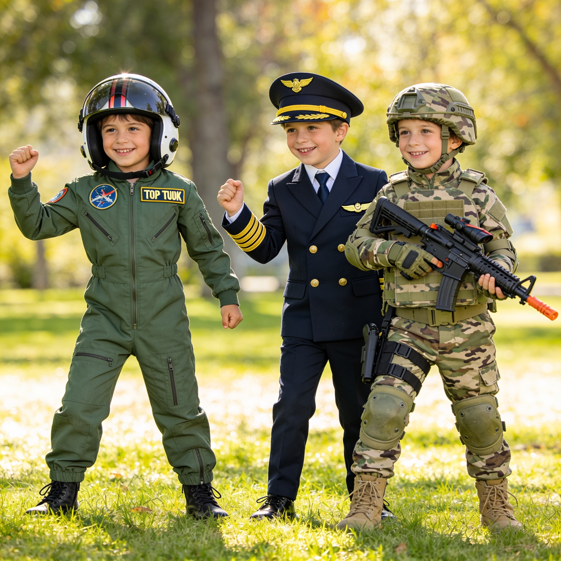 A joyful group of children playing make-believe in military fancy dress costumes, featuring one child in a green Top Gun style flight suit, another in a sharp airline pilot uniform, and a third in full camouflage army combat gear.
