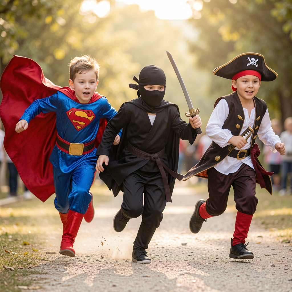 A high-energy group of young boys running playfully in fancy dress costumes, featuring one dressed as a superhero with a flowing cape, another as a stealthy ninja holding a toy sword, and a third in a classic pirate outfit.