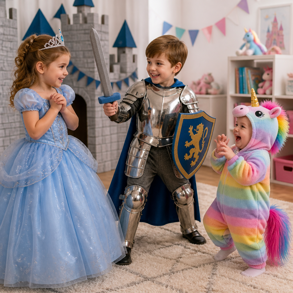 children playing make-believe in fairytale fancy dress costumes, featuring a young girl in a blue princess ballgown, a boy in shiny knight armor holding a foam sword, and a toddler dressed as a colorful magical unicorn.