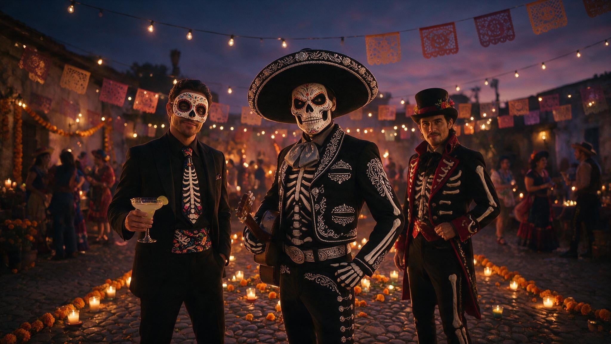 group of three men in high-quality Day of the Dead (Día de los Muertos) costumes, posing confidently on an atmospheric, dimly lit cobblestone patio at dusk.