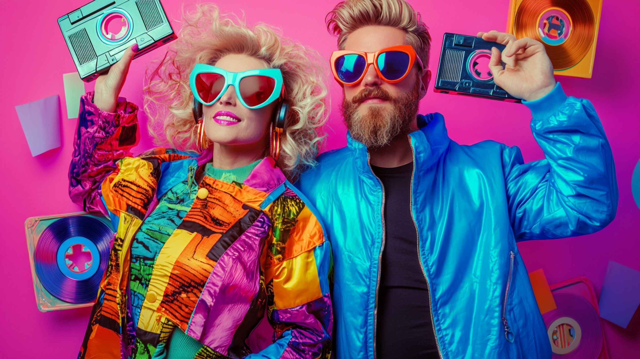 Two people in 1980's costumes
