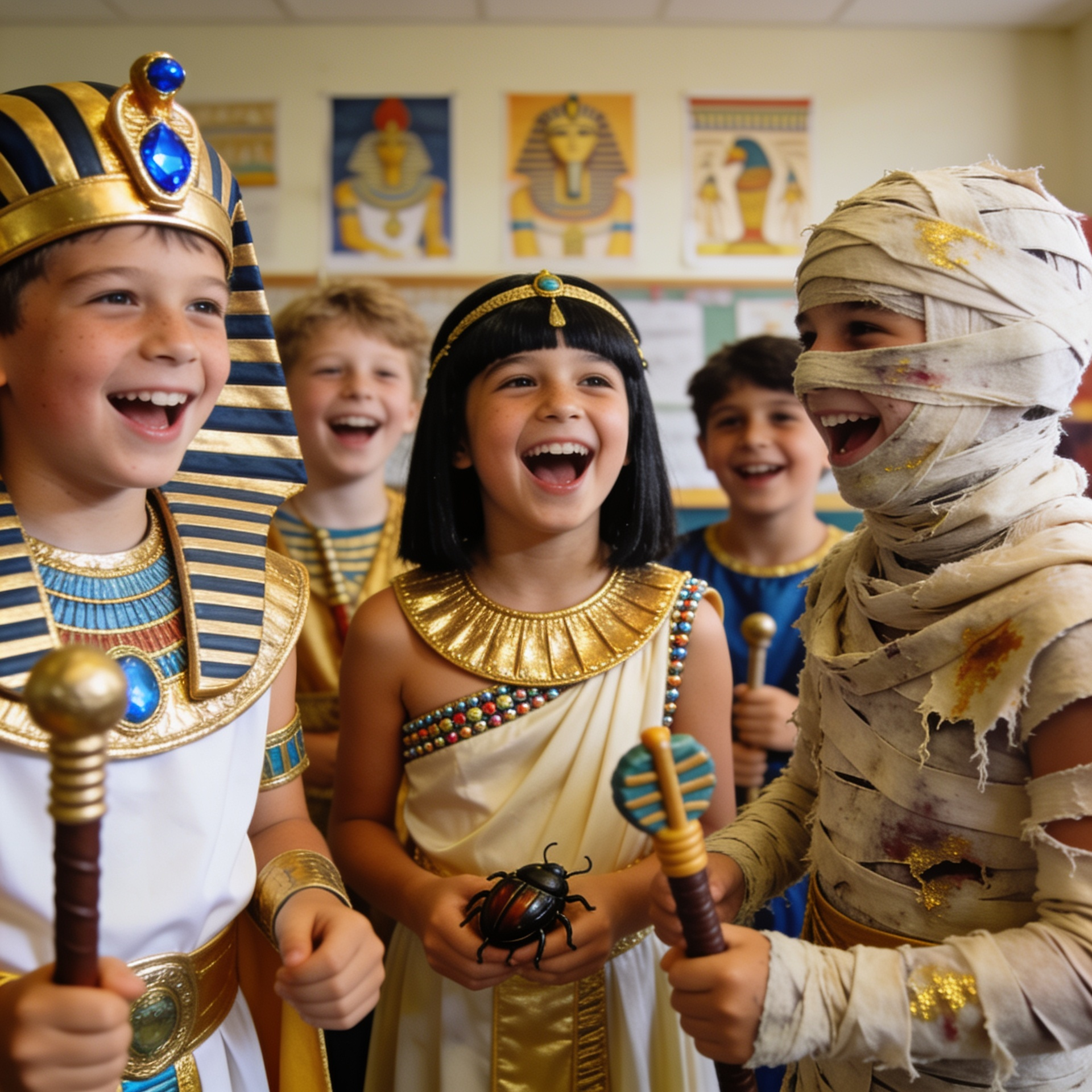 Group of children playing make-believe in ancient Egyptian fancy dress costumes for a school event.