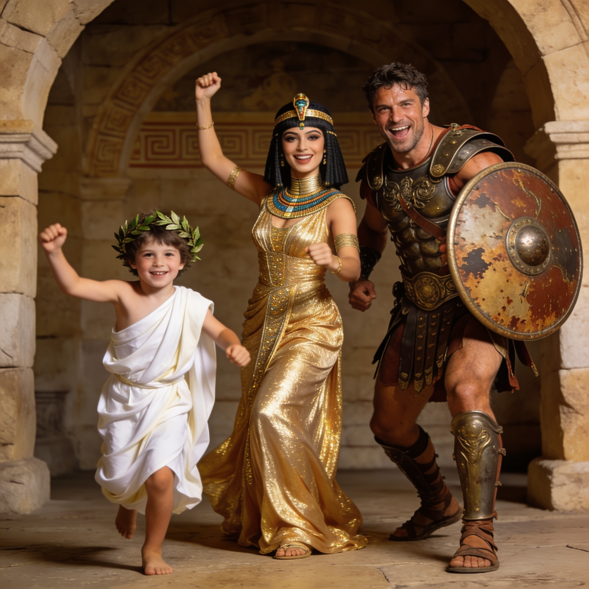 Group of adults and children posing together in ancient history fancy dress costumes, featuring a man in rugged Roman gladiator armor, a woman dressed as an elegant Egyptian queen with a gold collar, and a child in a classic white and gold Greek toga.