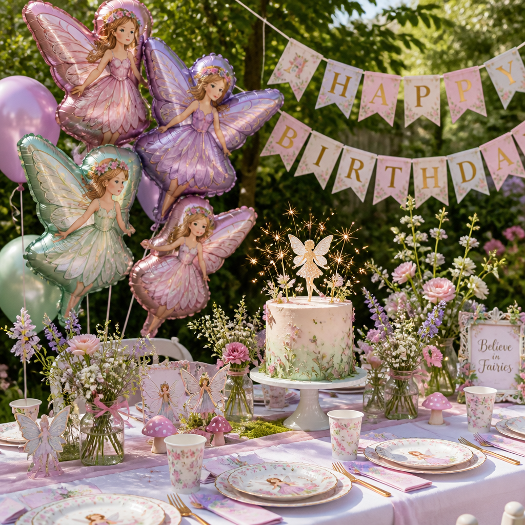 A beautifully decorated fairy-themed party table set in a garden, featuring pastel floral tableware, fairy-shaped foil balloons, delicate bunting, and a birthday cake with a sparkling fairy topper.