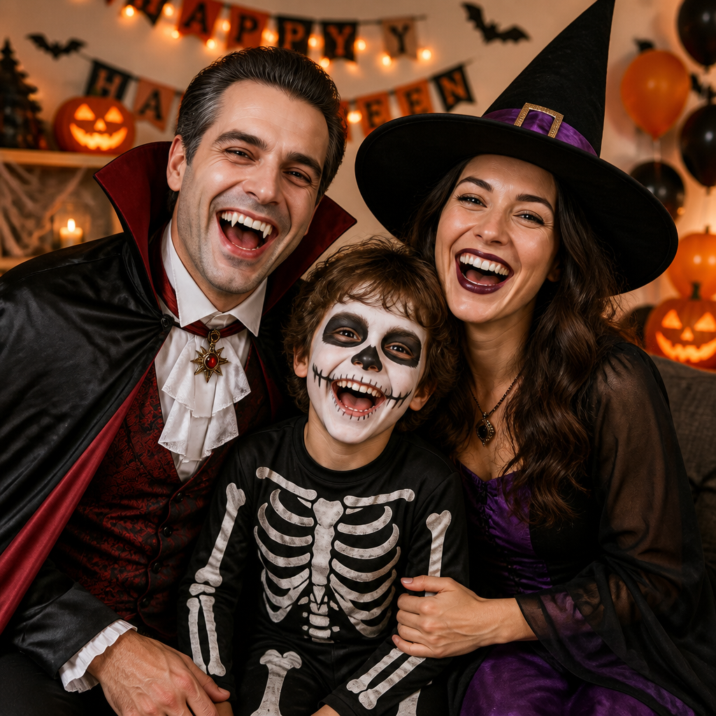Family celebrating at a Halloween party, featuring a man in a classic vampire cape, a woman in a glamorous witch dress, and a child dressed as a spooky skeleton, all laughing together.