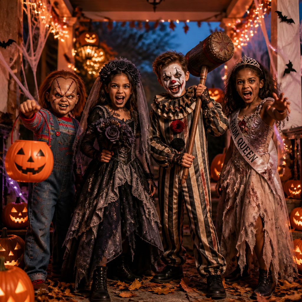 group of four children excitedly trick-or-treating together on a decorated front porch at dusk. The lighting is warm and autumnal, coming from carved jack-o'-lanterns and string lights, set against a deep twilight-blue sky.