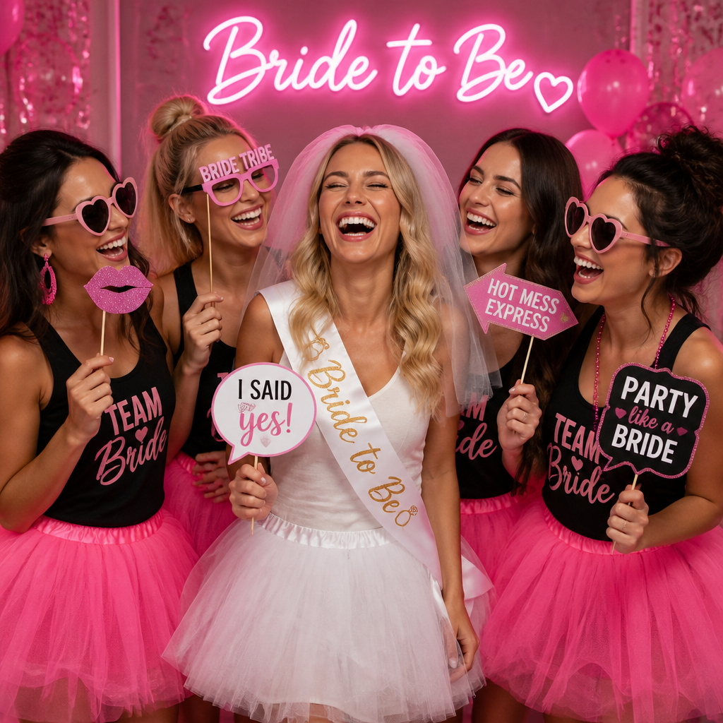 A glamorous, high-energy group of women celebrating on a hen weekend, featuring the bride-to-be wearing a white veil and a 'Bride to Be' sash, surrounded by laughing friends in matching pink neon tutus and holding fun novelty props.