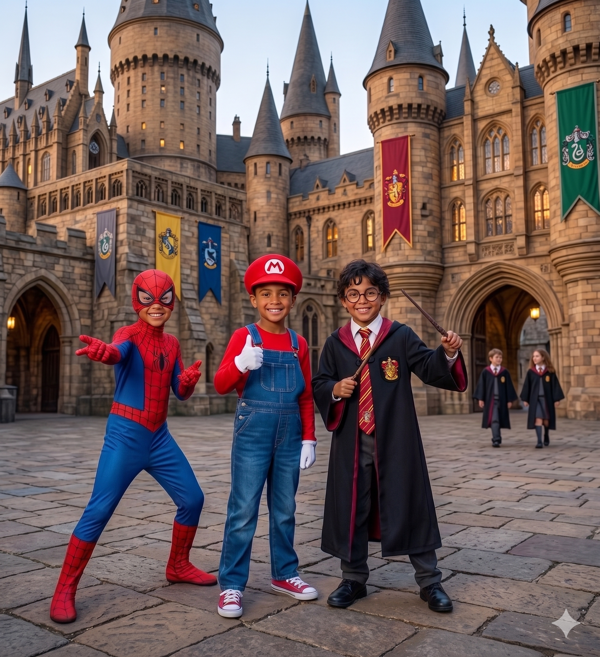 A diverse group of smiling children wearing famous pop culture fancy dress costumes, featuring a child in a red and blue Spider-Man suit, a classic Super Mario outfit in blue overalls, and a magical Harry Potter Gryffindor robe, posing playfully together.
