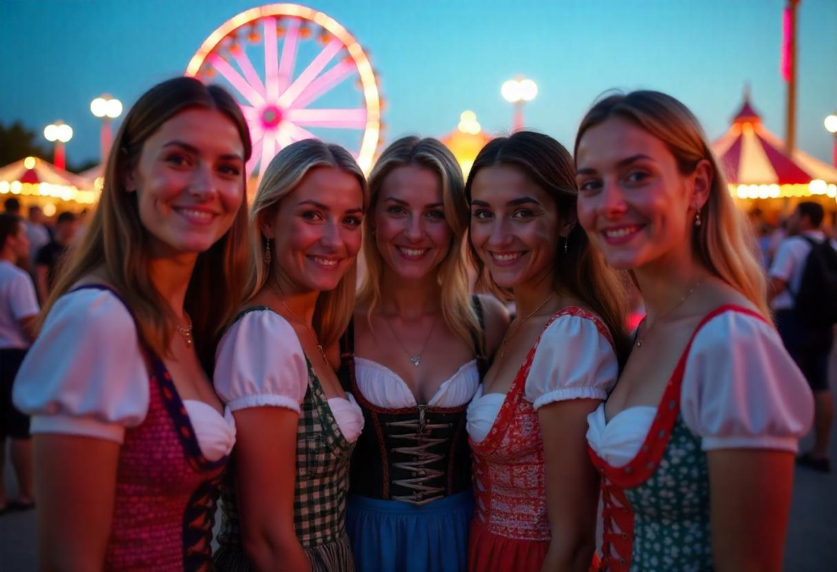 Group of ladies wearing Oktoberfest Costumes, Dirndls & Bavarian Outfits