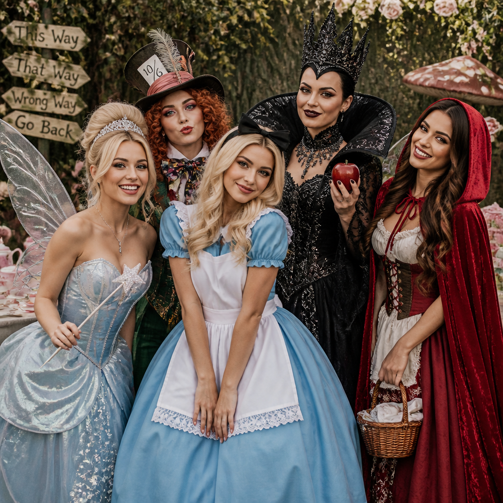 A fun group of women wearing ladies fairytale fancy dress costumes, featuring one model in a classic blue and white Alice in Wonderland dress, another in a sparkling princess gown, and a third dressed as a delightfully wicked dark queen.