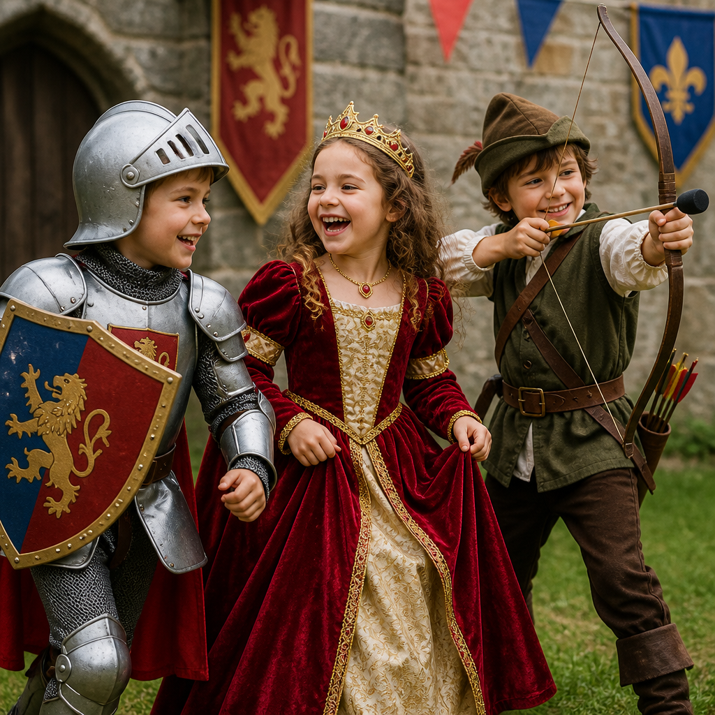 A joyful group of children playing make-believe in medieval fancy dress costumes, featuring one child in silver knight armor holding a foam shield, another in a rich red velvet Renaissance queen gown, and a third dressed as a rustic archer.