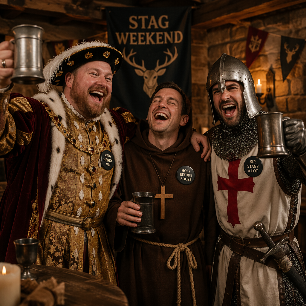 A lively group of men ready for a stag weekend in medieval fancy dress costumes, featuring one man in a regal King Henry VIII outfit, another in a classic brown hooded monk robe, and a third in shining knight armor holding a foam sword.