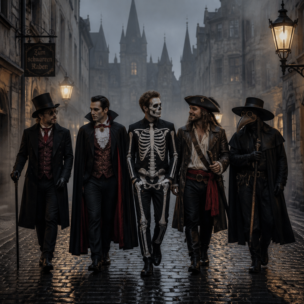 Group of five men in high-quality, imposing Halloween costumes walking together down a moody, fog-shrouded old European city street at dusk. The atmospheric lighting features warm orange and purple hues from vintage street lamps