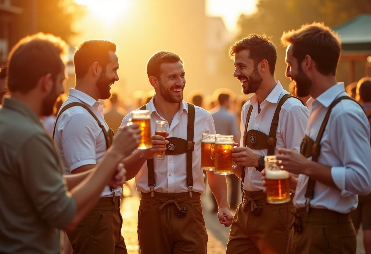 lively group of men on a Bavarian-themed stag weekend wearing Oktoberfest fancy dress costumes