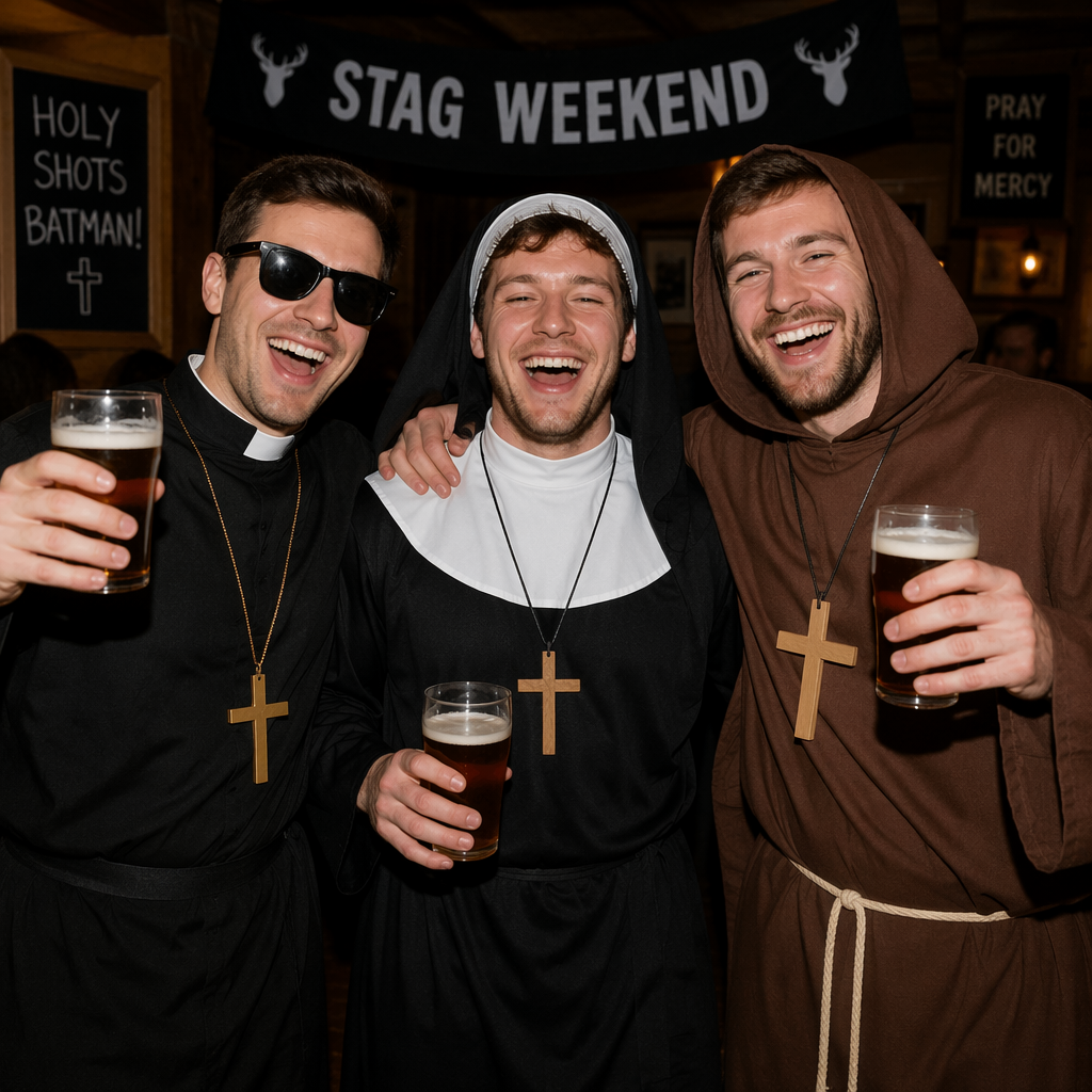 group of lads on a stag dressed as priest, nun and monk