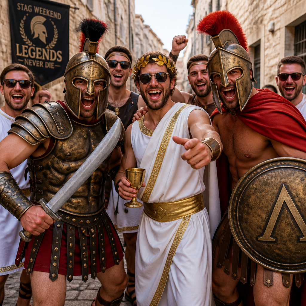 Men ready for a stag weekend in ancient historical fancy dress costumes, featuring one man in full Roman gladiator armor holding a foam sword, another in a flowing white and gold Greek god toga, and a third wearing a red Spartan cape and helmet.