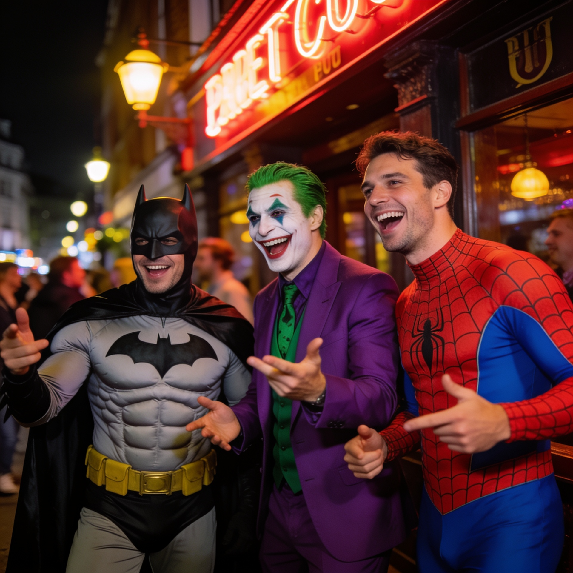 Men on a themed pub crawl wearing superhero and villain fancy dress costumes, featuring one man in a classic padded Batman muscle suit, another dressed as The Joker in a sharp purple suit with green hair, and a third in a red and blue Spider-Man outfit.