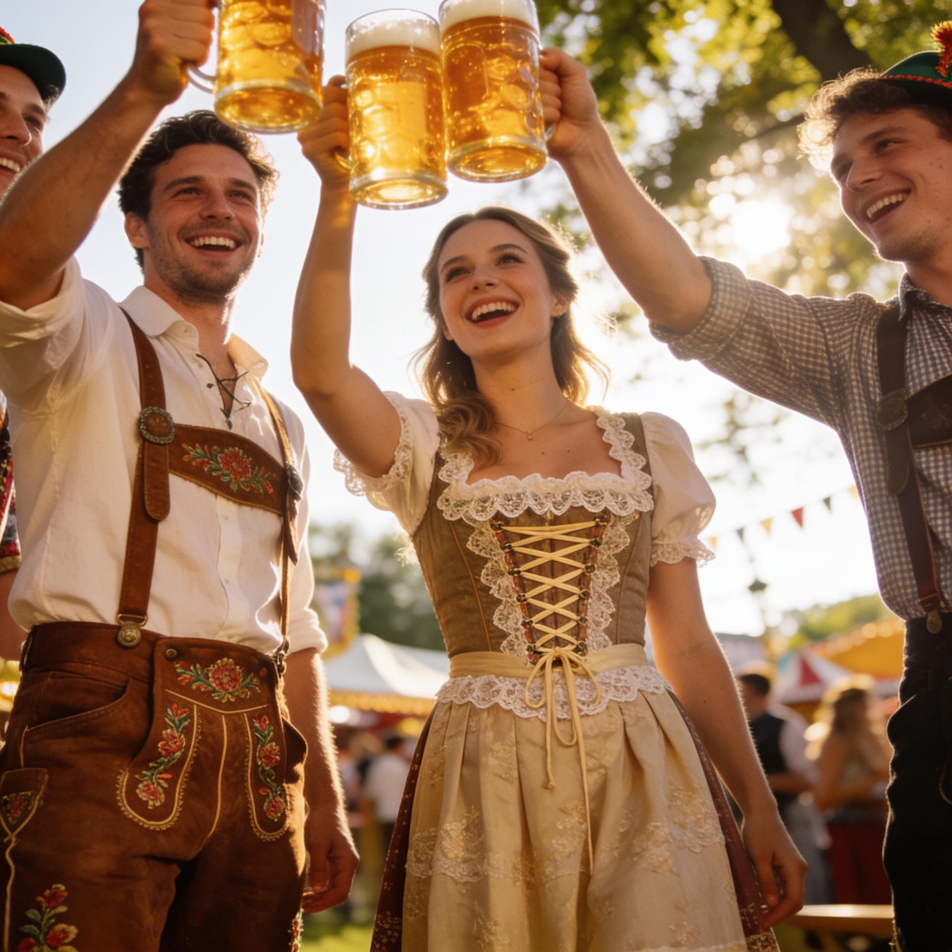 Group of friends raising large beer steins at a festival while wearing Oktoberfest fancy dress costumes, featuring a man in traditional brown embroidered lederhosen and a woman in a classic Bavarian dirndl dress with a lace-up corset.