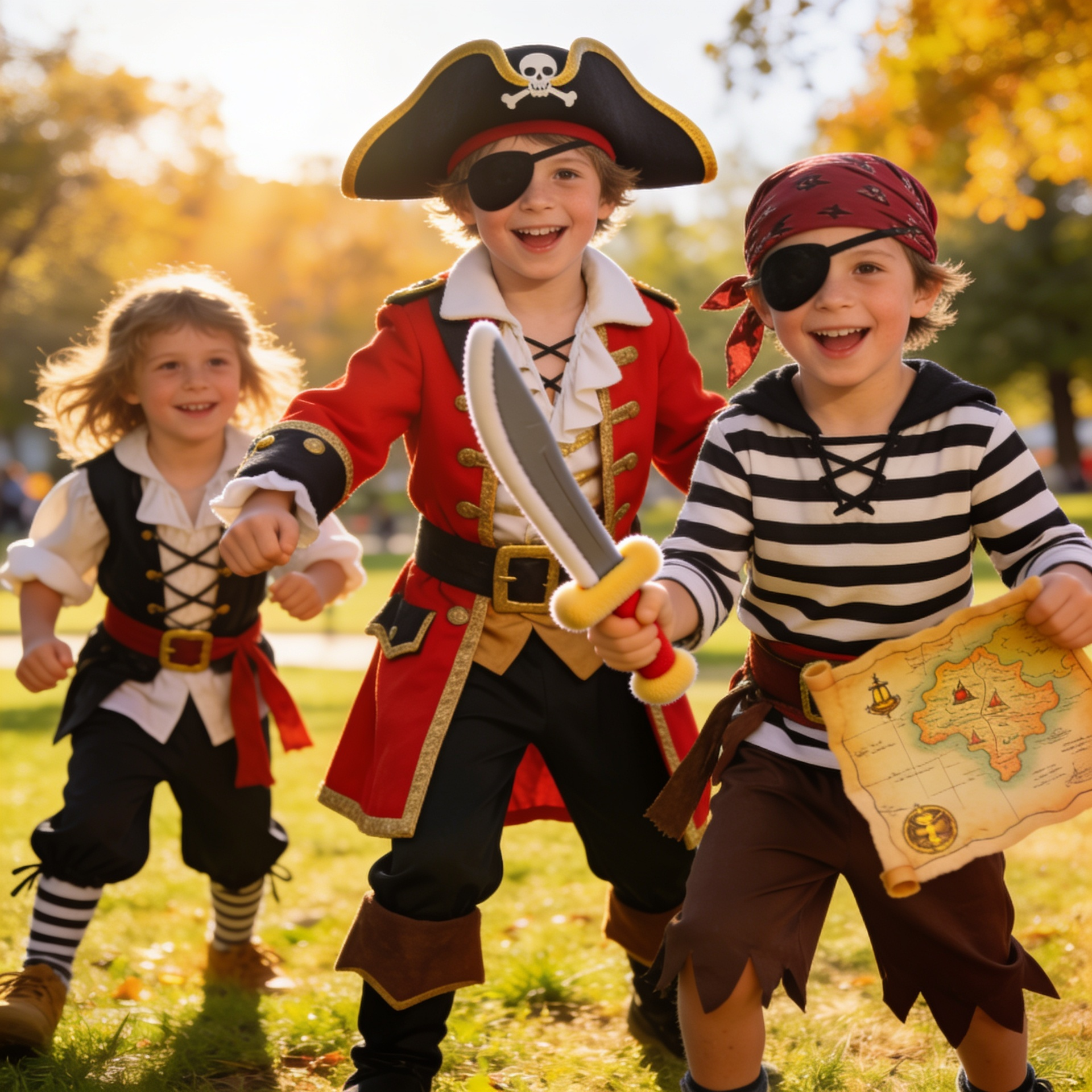 Children playing make-believe in pirate fancy dress costumes, featuring one child in a red pirate captain coat with a tricorn hat, another in a striped deckhand outfit with a bandana, and a third holding a soft foam cutlass and treasure map.
