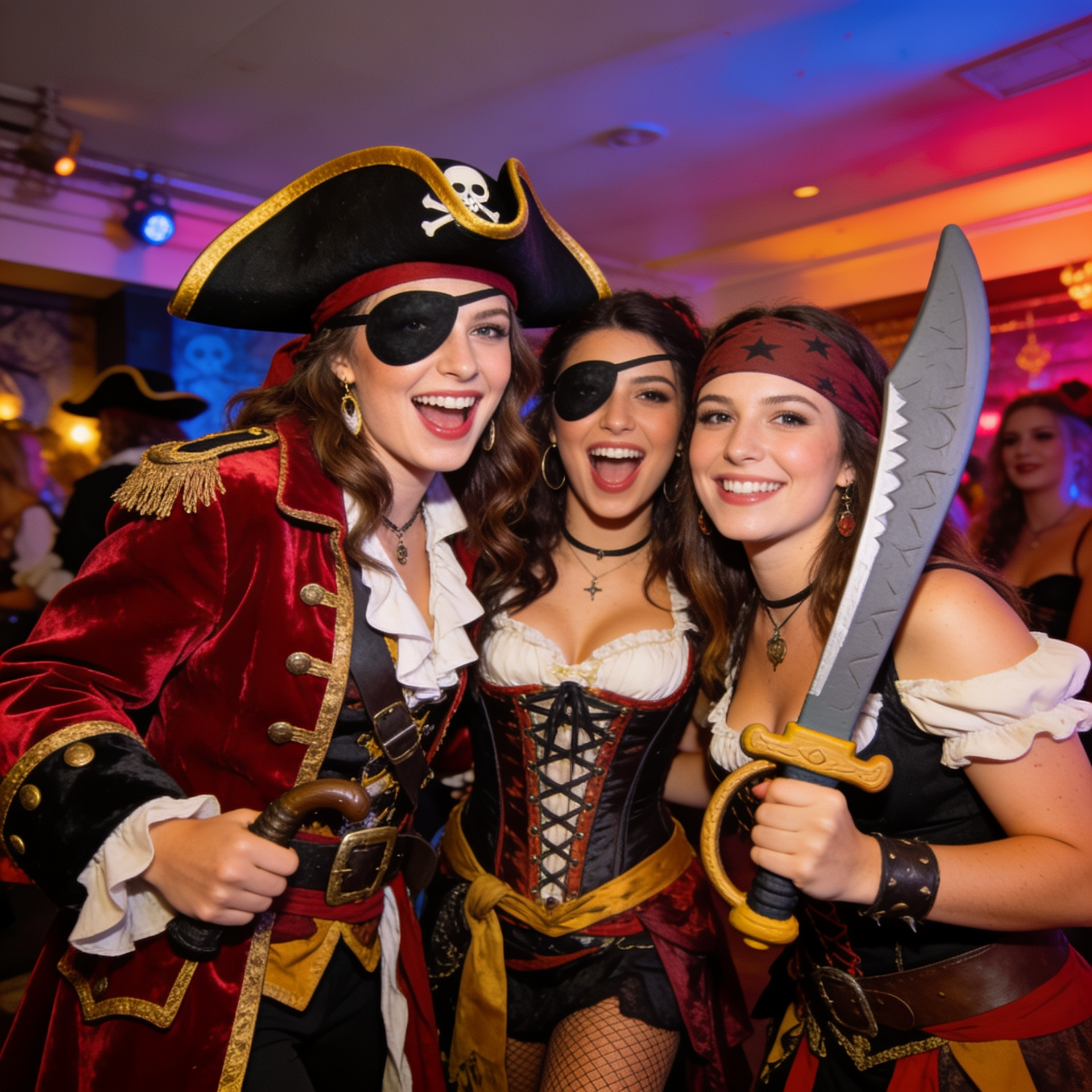 A fun, high-energy group of women on a themed hen weekend wearing pirate fancy dress costumes, featuring one woman as a pirate captain in a red velvet coat and tricorn hat, another in a corset-style swashbuckler dress, and a third holding a foam cutlass.