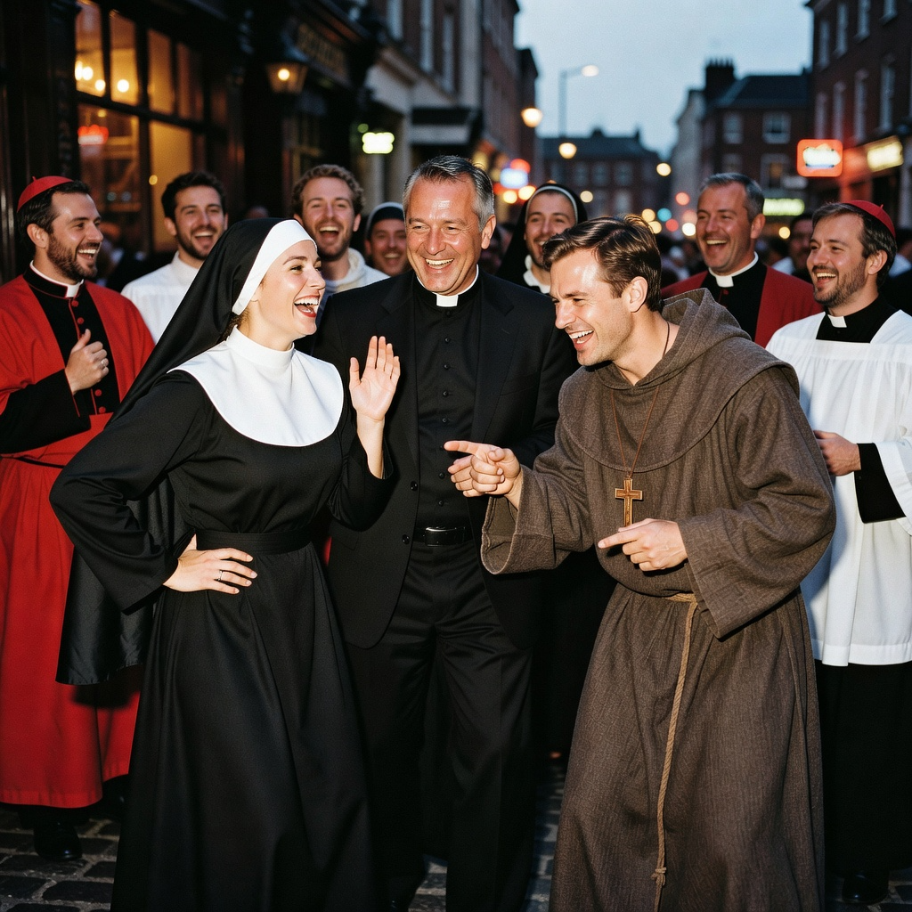 Friends on a themed stag and hen weekend wearing religious fancy dress costumes, featuring a man in a classic black priest outfit with a white collar, a woman in a traditional black and white nun habit, and a third wearing a brown monk robe
