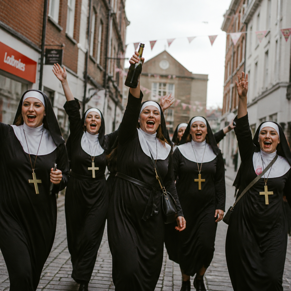 A fun, high-energy group of women on a themed hen weekend wearing nun religious fancy dress costumes.