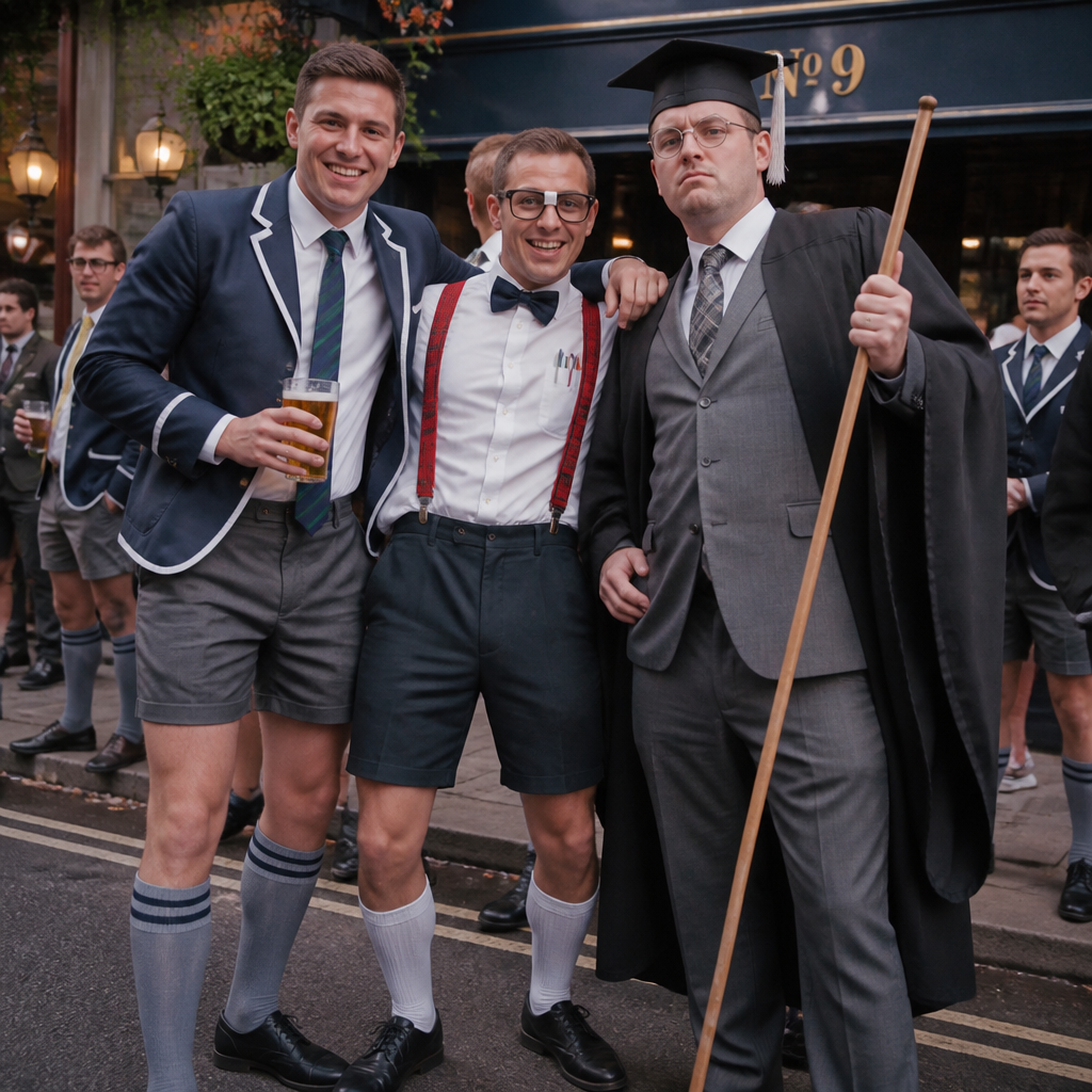 Men on a themed stag weekend wearing school fancy dress costumes, one man in a classic schoolboy blazer and short trousers, another dressed as a hilarious swotty geek with taped glasses, and a third wearing a strict headmaster gown and mortarboard hat.