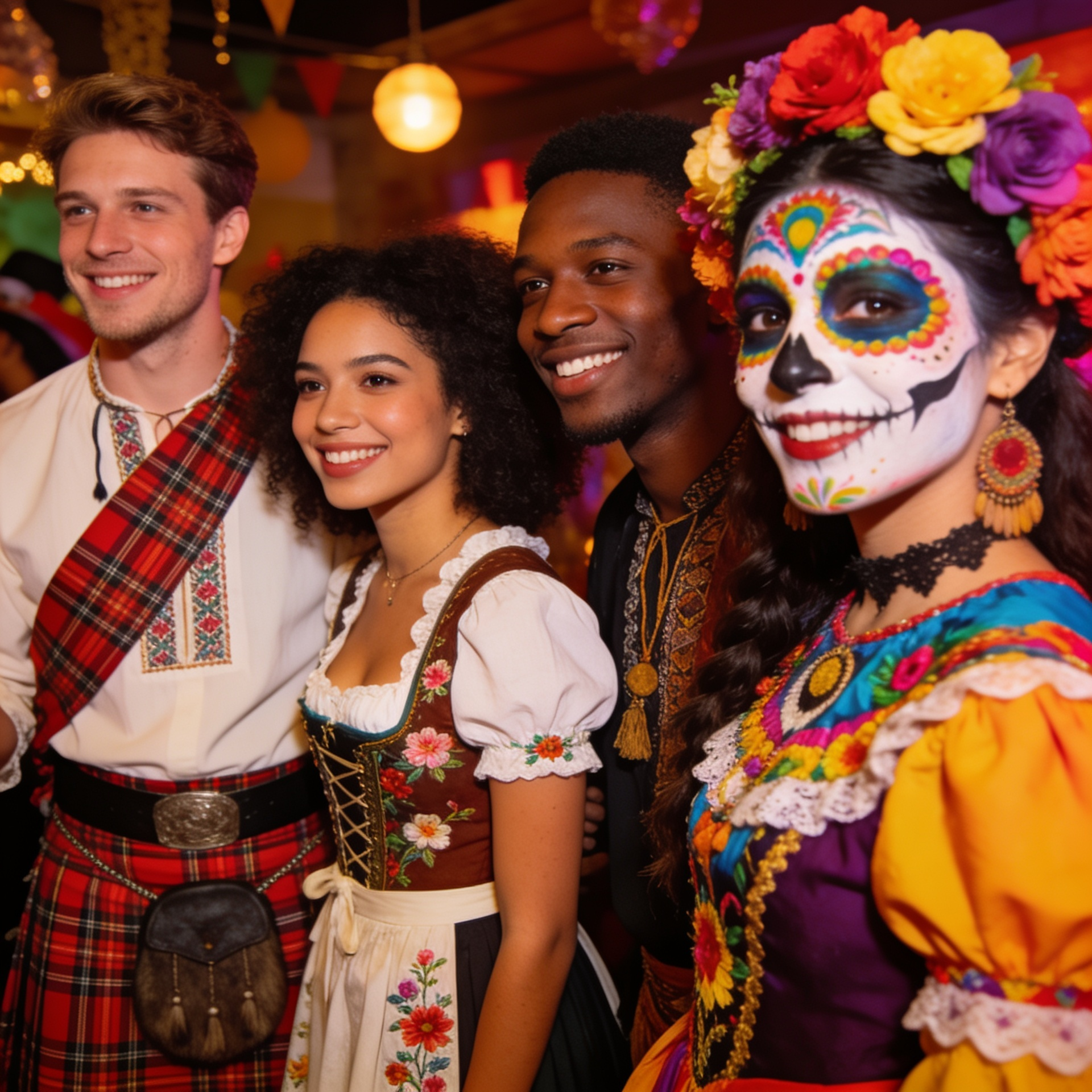 Friends at a globally themed party wearing different world fancy dress costumes, featuring a man in a traditional Scottish kilt, a woman in a German Oktoberfest dirndl, and a child in a colourful Mexican Day of the Dead outfit.