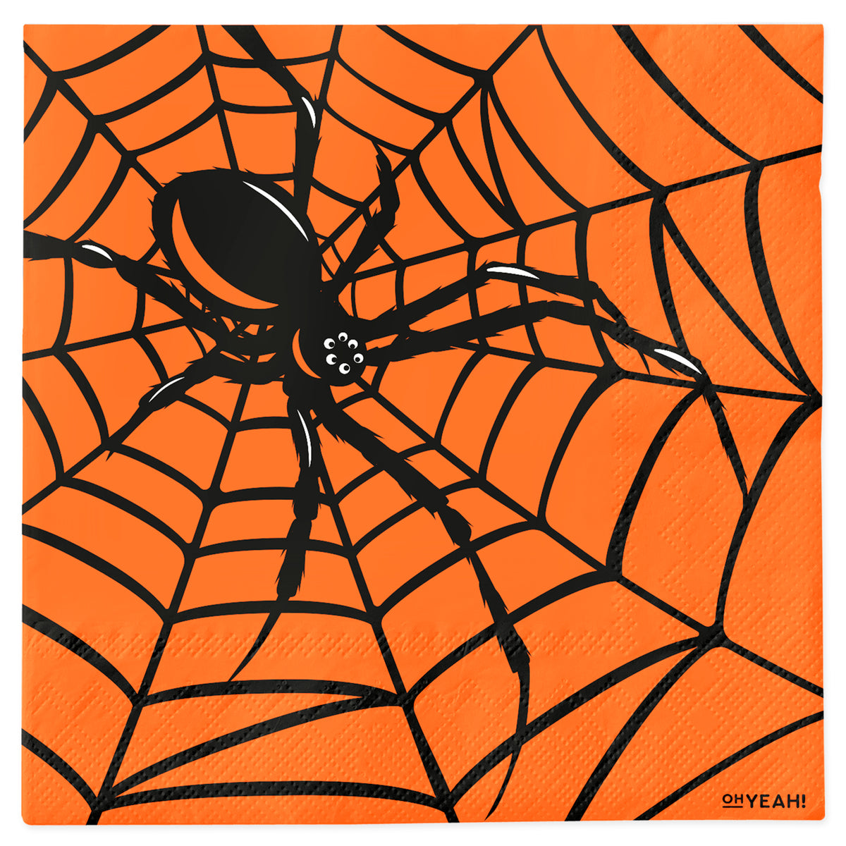 A square orange paper napkin featuring a large black spider sitting on a black spiderweb design.