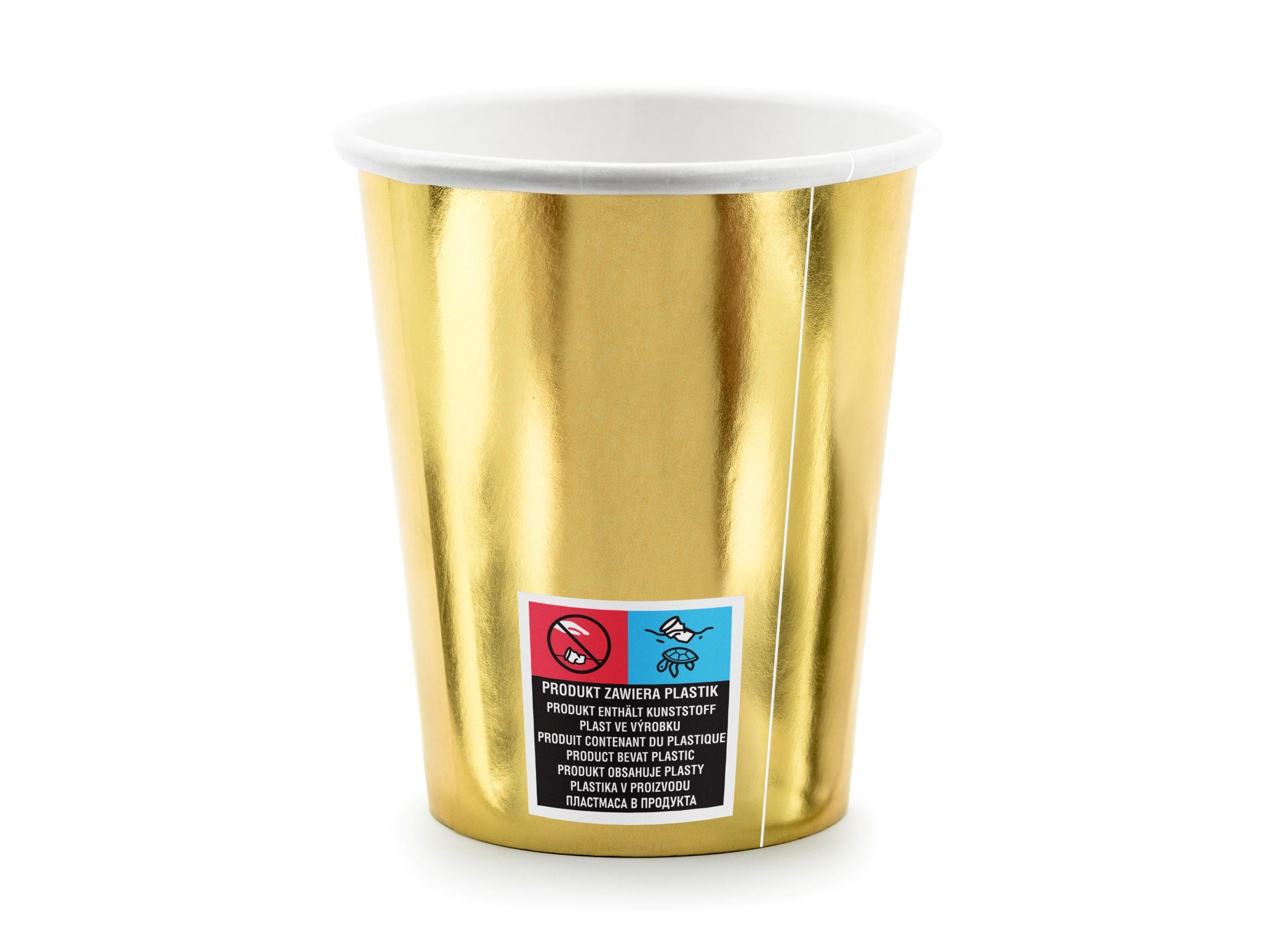 The back of a metallic gold paper cup, showing a white interior rim and a black and white recycling label with text in multiple languages, indicating the product contains plastic.