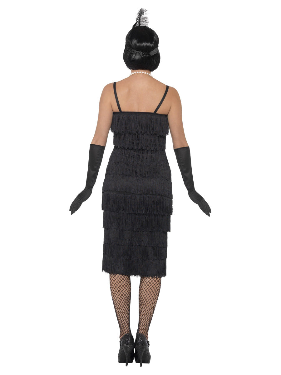 The back of the plus size black flapper costume highlighting the multiple rows of swaying fringe and long black gloves.