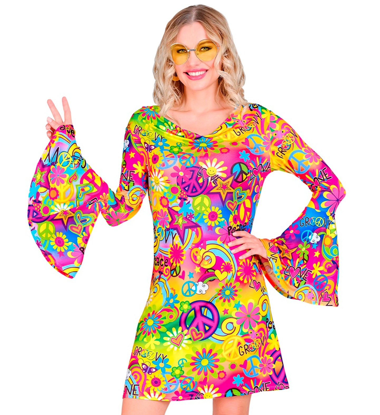 Groovy 60s 70s Hippie Disco Costume For Ladies Or Men - Blue Peace Symbol Retro Outfit