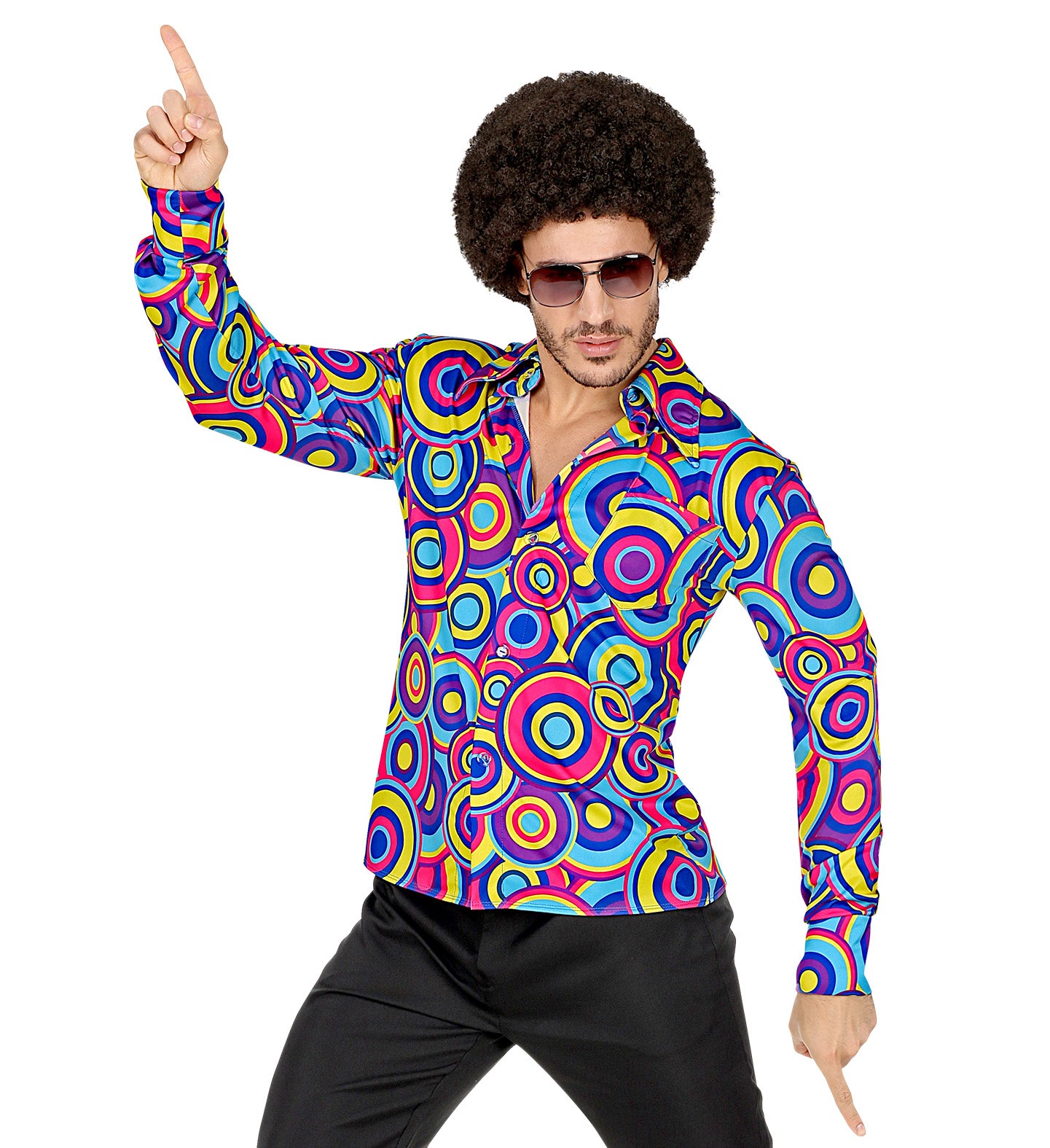 A model wearing an Afro wig, aviators, and a 70s groovy blue bubble print shirt styled casually with black trousers while striking a classic disco pose.
