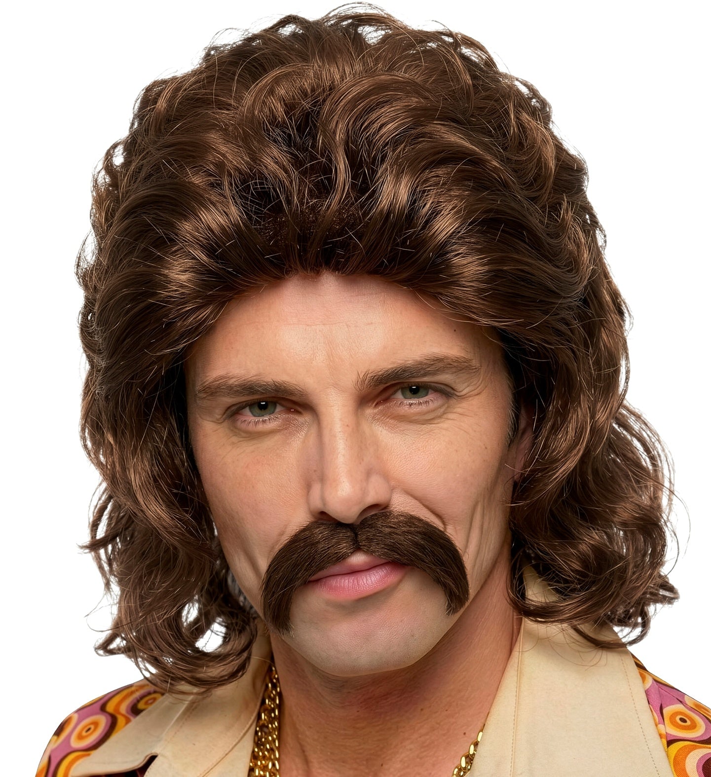 A man wearing a brown 1970s-style wig with a voluminous, curly medium-length cut and a matching dark brown handlebar mustache, shown against a plain white background.