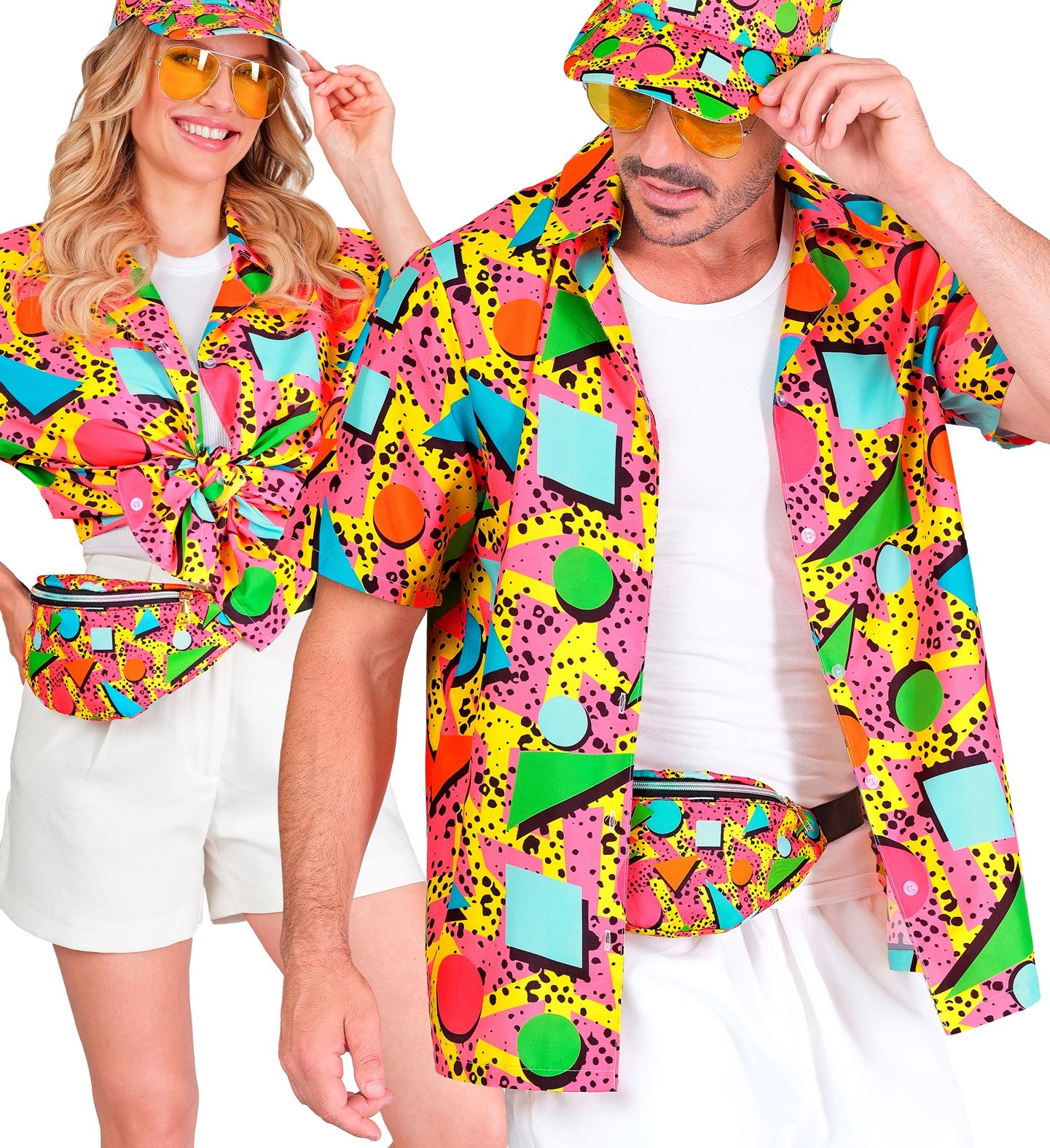 A man and a woman wearing matching bold pink 80s themed geometric patterned clothing and accessories, including hats and sunglasses.