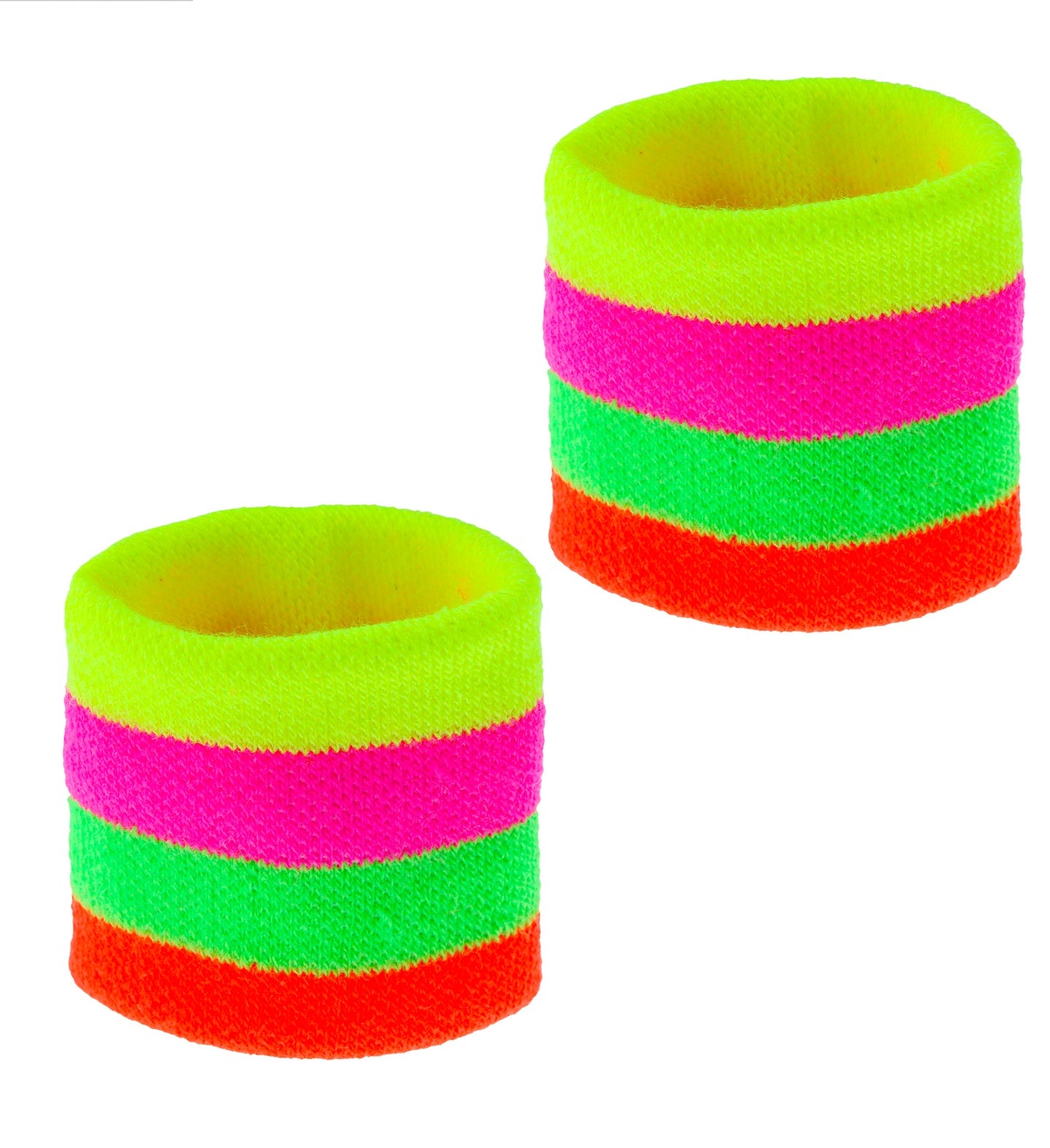 A pair of 80s fancy dress sweatband wristbands displayed on a white background, featuring thick horizontal neon stripes in bright yellow, pink, green, and orange.