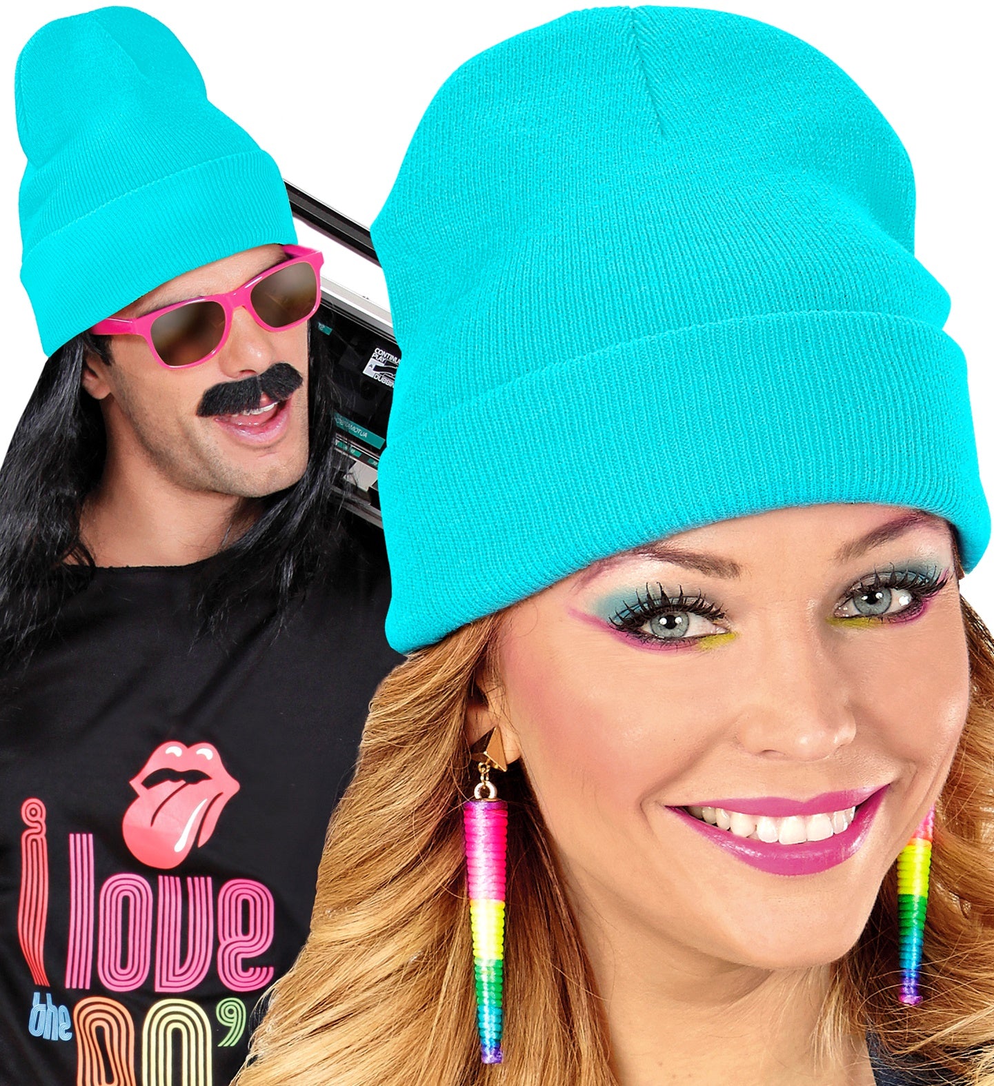 Person wearing a turquoise beanie with a close-up of the same beanie.