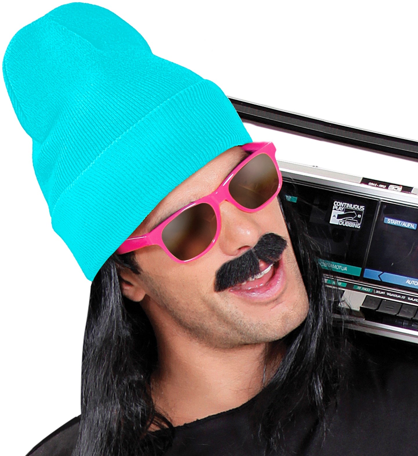 A man modeling an 80s hip-hop fancy dress look featuring a neon blue beanie hat, hot pink sunglasses, a fake black moustache, and a retro cassette boombox resting on his shoulder.