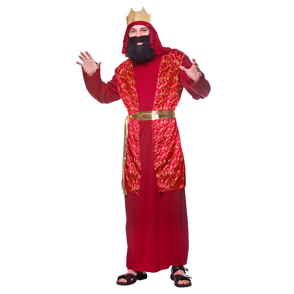 A man modeling a red Wise Man costume with a red and gold patterned waistcoat, a gold belt, and a gold crown.